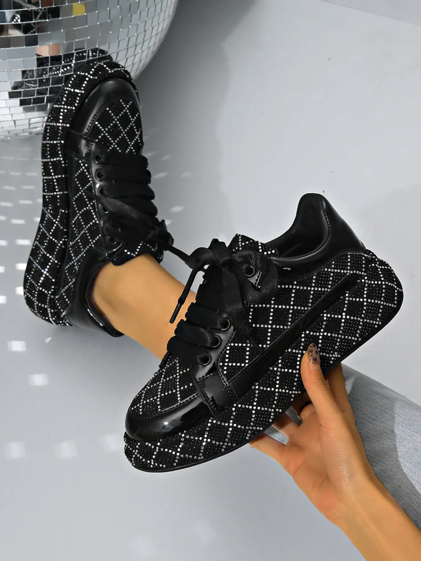 Thick Sole Rhinestone New Trendy Versatile Instagram Hit Women's Athletic Shoes Colorblock Full Diamond Casual Skateboard Shoes Sneaker