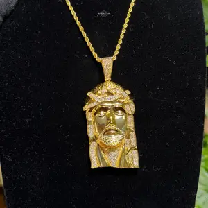 Large Gold Jesus Face Pendant 14k Gold Plated CZ + Steel AntiTarnish Rope Chain, Religious Chain for Men