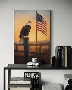 [Sale Up To 50%] Patriotic Bald Eagle Wall Art – American Flag Print, Rustic Country Decor, USA Freedom Artwork, Veteran Gift, Americana Wildlife Poster (No Framed)