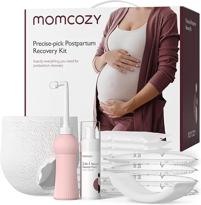 Momcozy Postpartum Recovery Essentials Kit, 19 PCS Labor Delivery Mom Care Set, Self-Absorbent Disposable Underwear Upside Down Peri Bottle Instant Ic