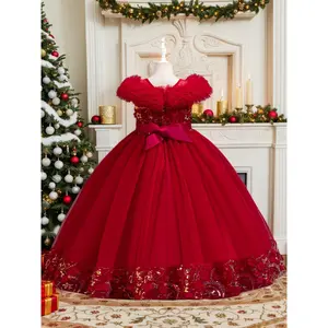 Girls' Long Beaded Red High-End Elegant Valentine's Day Party Dress, Children's Easter Gift Dress