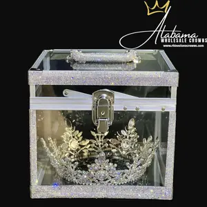 Jumbo Crown Carrying Case with Crystal AB Rhinestones – Lock & Key – Clear Acrylic Box with Velvet Shelf – Fits 6.5” x 6” Crowns