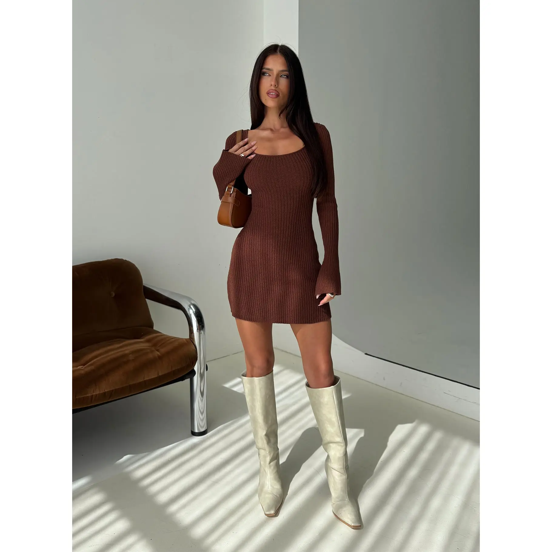 knee length dresses for ladies Sevila Long Sleeve Mini Dress in Romantic Rose Flock Brown