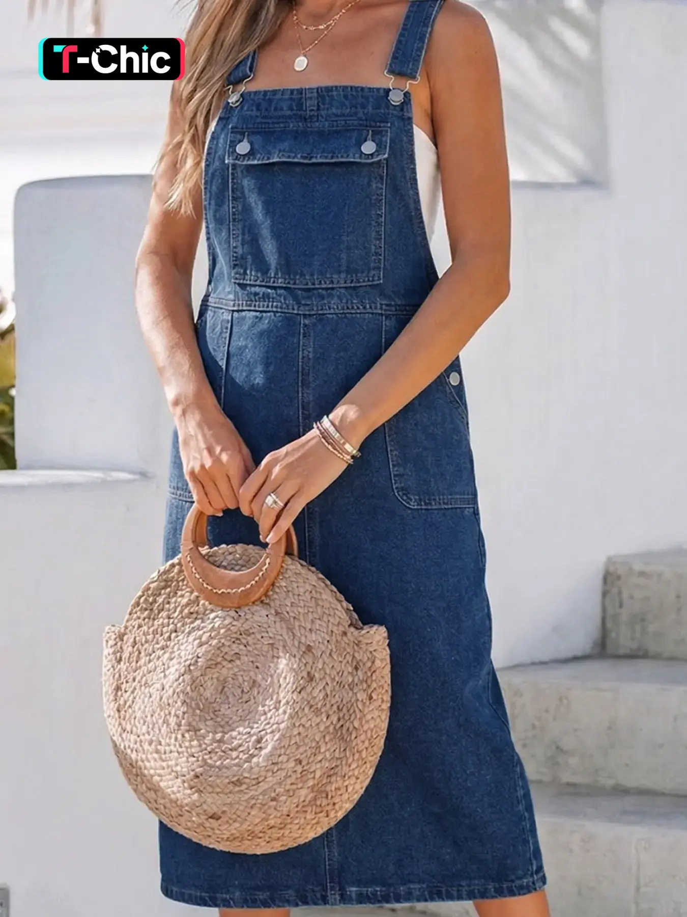 Light Wash Denim Overall Midi Dress, Cute Sleeveless Button Detail Pocketed Adjustable Strap, A-Line Fit Casual Womenswear Dress, Y2K Retro Chic Aesthetic for Daily Wear