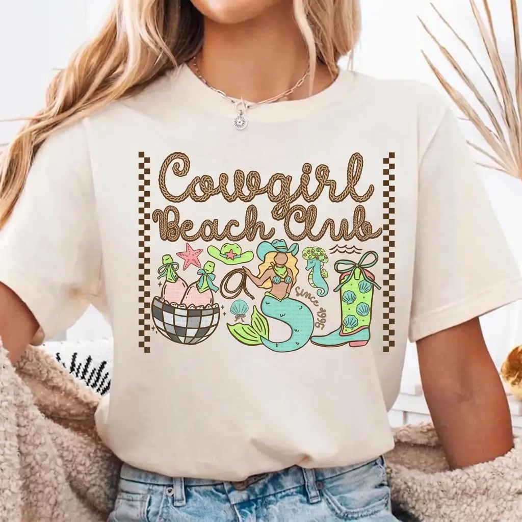 Collage Cowgirl Beach Club Tshirt, Western Summer Vibes Outfits For Her, Country Cowgirl Love Beach Shirt Top Womenswear