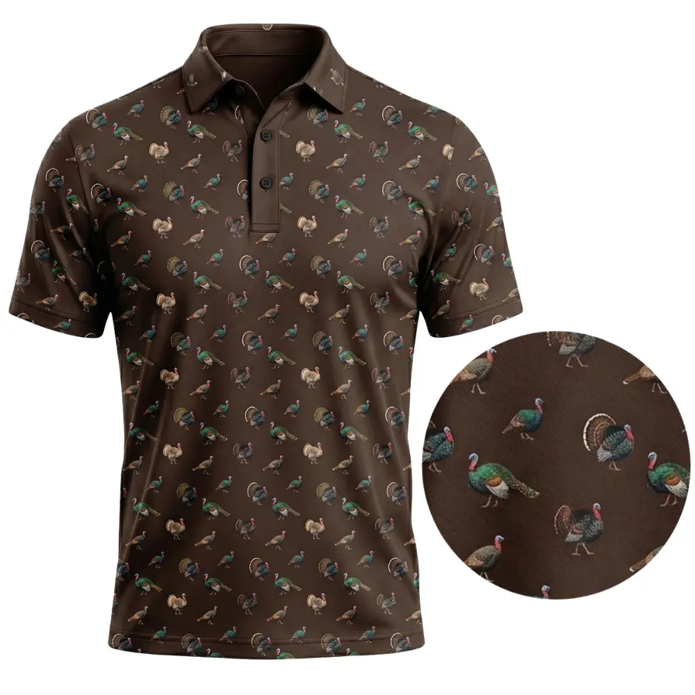 Men's Performance Sublimation Print Polo Top, Personalized Turkey Hunting All-Over Graphic, Breathable Textured Piqué Stretch Fabric, 3-Button Casual Streetwear Sports Top, Tops, Apparel