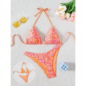 2pcs/Set Women Cute Random Floral Print Reversible Halter Top And Adorable Bottoms Bikini Swimsuit Set, Holiday & Beach For Summer Beach Vacation
