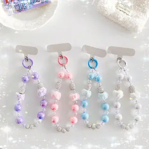 Korean Crsytal Plush Keychain Phone Charm Chain Strap Pendant Mobile Phone Chain For Phone Accessories Bag Hanging Cord Gift