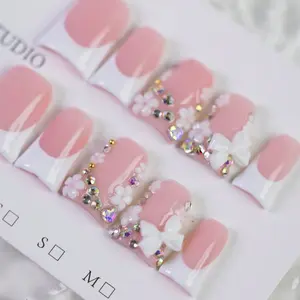 10pcs Y2K Pink & White French Manicure Fake Nails, Bow Design, Rhinestone Decor, Floral Motif, Small White Flower Accent, Suitable For Daily, Wedding, Party, Holiday Outfits, Great Gift For Women And Girls Handmade Press On Nails
