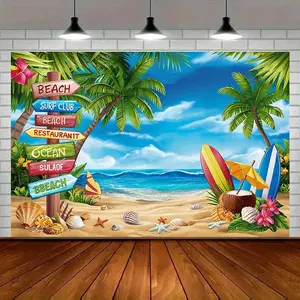 1pc Durable Soft Texture 2D Flat Hawaiian Polyester Wall Backdrop Banner - Glam Tropical Palm Trees, Surfboard, Sandy Beach, White Ornaments - Indoor Home Wall Decor, Party Photo Prop