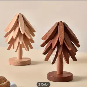 A Set of Five Wooden Heat-Resistant Mats | Tree-Shaped Coasters and Tray Racks for Hot Food and Cooking Utensils, Collectible Building Materials, Christmas Tree Decorations, and Holiday Gifts