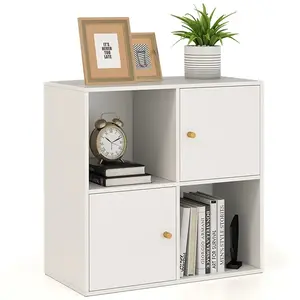 4 Cube Bookcase With Doors, 2-Tier Cu Book Shelf With 2 Open Compartments, 2 Cabinets, Wooden Small Display Cabinet,