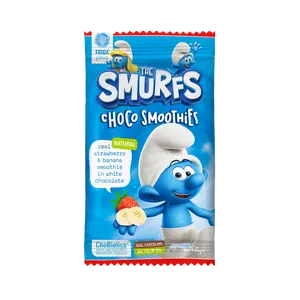 The Smurfs Choco Smoothies Real Strawberry & Banana in White Chocolate Fruity Cubes Made from Concentrated Real Fruits Covered in 72% White Chocolate