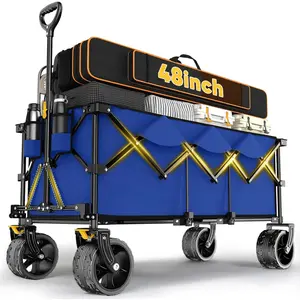 Extended Collapsible Foldable Wagon with 660lbs Weight Capacity, Heavy Duty Folding Utility Garden Cart with Big All-Terrain Beach Wheels & Drink Holders. Royal Blue