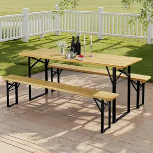 【Father's Day Gift】Outvita Picnic Combo 3PCS Set, 5.8FT Wood Table and Bench Set Summervibes