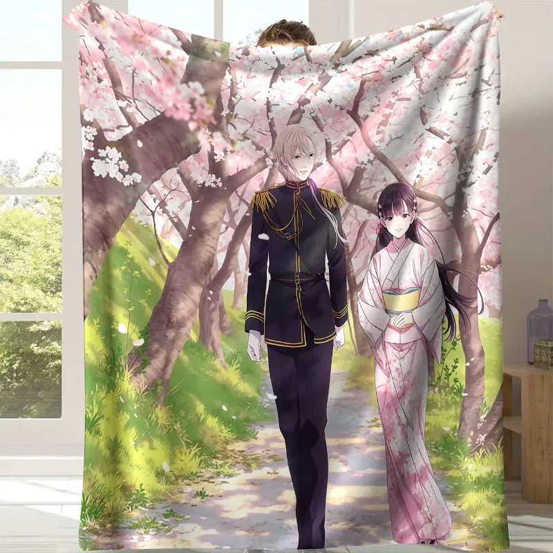 My Happy Marriage Saimori Miyo & Kiyoka Cherry Print Flannel Weave Throw Blanket, Soft Fleece 1-Piece Bedroom Use Decor, Multi-Size All-Season Josei Anime Gift