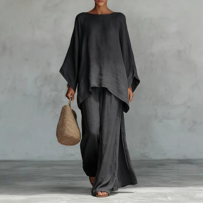 Women's Minimalist 2-Piece Set, Linen-Blend Loose Button-Down Shirt and Wide-Leg Pants Casual Outfit, Women's Clothes, Two Piece Set