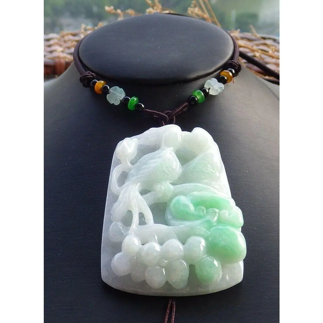Certified Green Natural Myanmar Burma A Jade Jadeite Phoenix Mandarin Duck Phoenix Ruyi Peach Blossom Flower Pendant Necklace