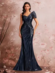 Elegant Evening Gown for Women, Formal Wear Party Dress with Ruffles, Pleats, Woven, Split Thigh Design, Perfect for Graduation, Wedding, Prom