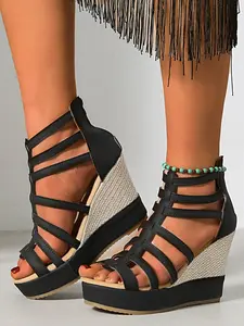 Boho Style Roman Sandals for Women, PU Leather Open-Toe Heeled Sandals, All-Season Rubber Sole, Solid Pattern, Less Than Ankle Height