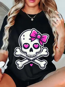 100% Cotton Unisex Skull with Bow Pink Girl Skull Halloween T-Shirt