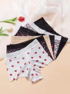 Women's Leopard & Strawberry Print Panties, Soft Breathable Mid-Waist Underwear, Perfect Fit All Seasons Everyday Comfort Wear, Breathable Comfy Knicker