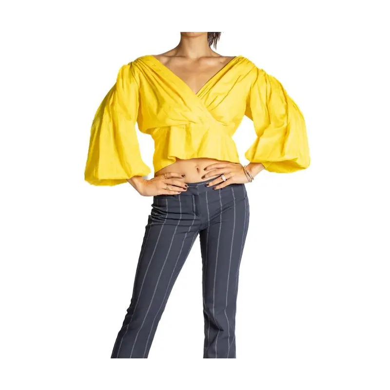1970S LANVIN Canary Yellow Crisp Cotton Blouse With Full Bare Shoulder Sleeves
