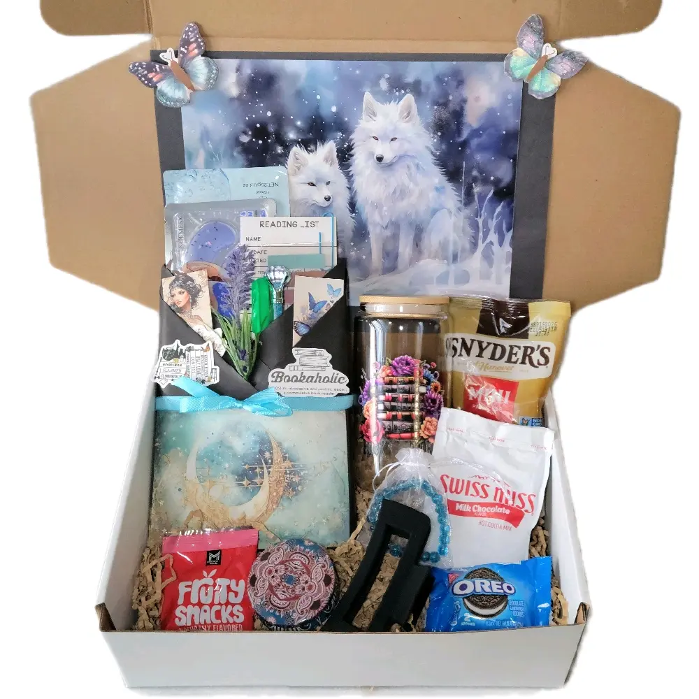 Sip & Sage Blind Date with a Book Box - Cozy Hand-Decorated Wrapped Gift for Her, Includes New Book, Claw Clip, Glass Tumbler, Snacks, Candle, Face Mask, Jewlery, Stickers, Pen, Highlighter, and bookish goodies