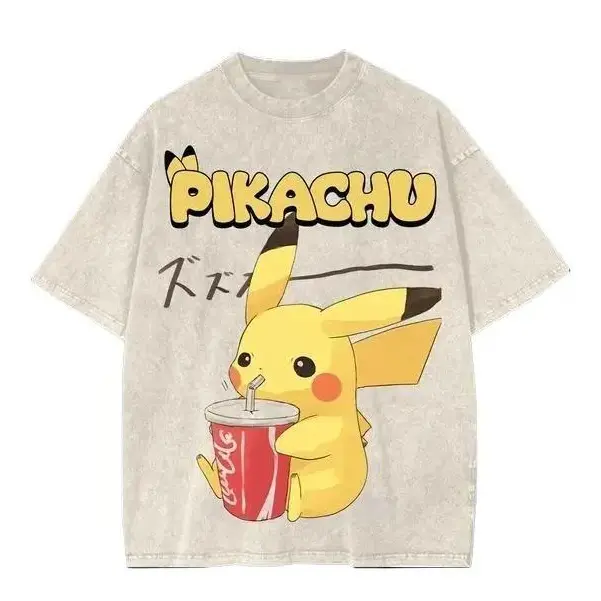 Pokemn Pikachu Castle Tshirt Wash T-Shirt - Lightweight Oversize Crewneck in Various Colors, Perfect for Summer Casual Wear Vintage Graphic tees Pokemon Embroidered Unisex Tshirt