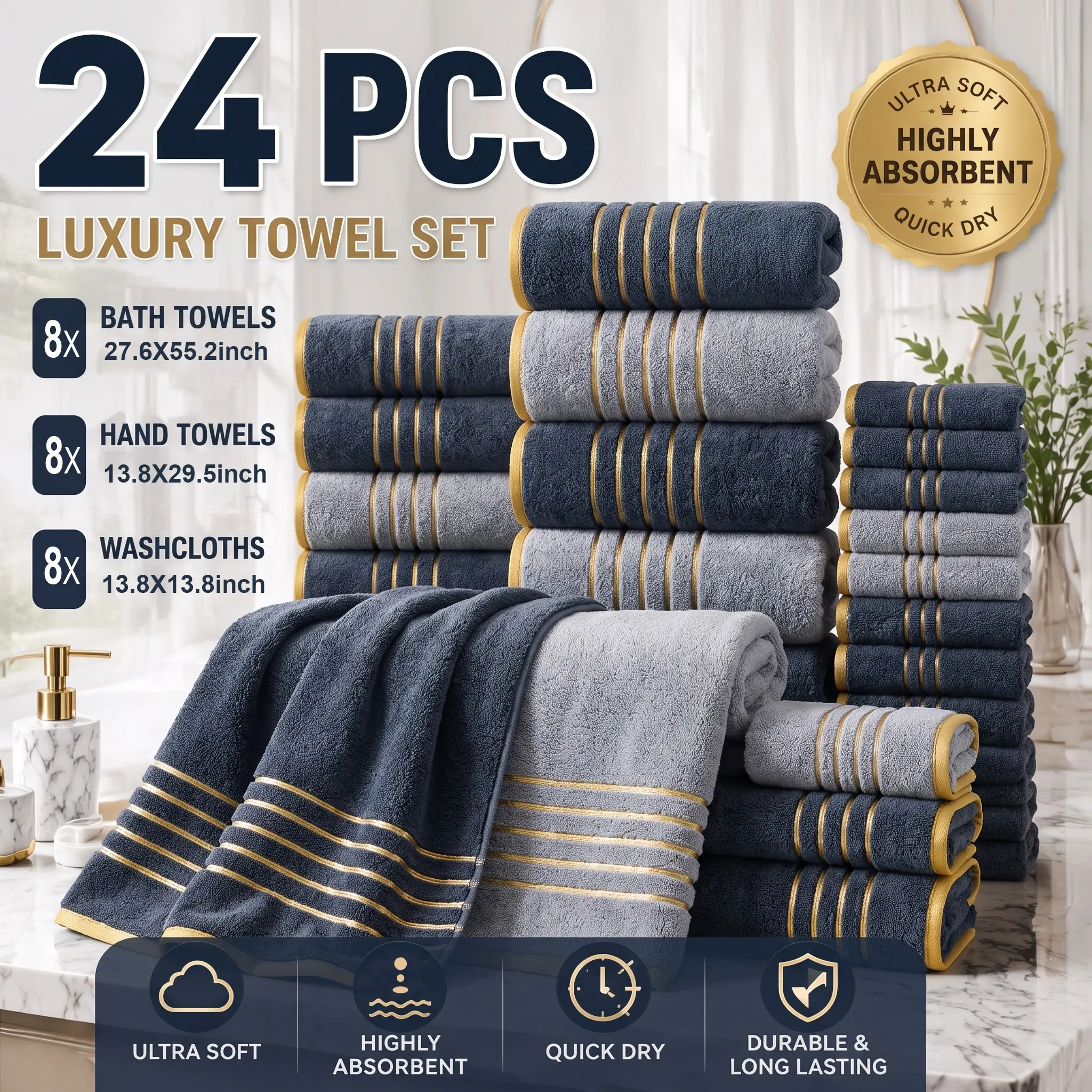 24-Piece Coral Fleece Towel Set with Gold-Trimmed Embroidery - Soft Texture, Quick Drying, Gift Ready Home & Spa Towels for Housewarmings, Weddings (Ideal for Home, Spa Use)