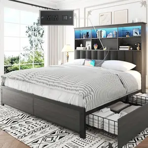 Queen Bed Frame With High Storage Bookcase Headboard,Bed Frame With Charging Station,4 Storage Drawer & LED,No Box Spring Needed,All Metal Support,Noise Free