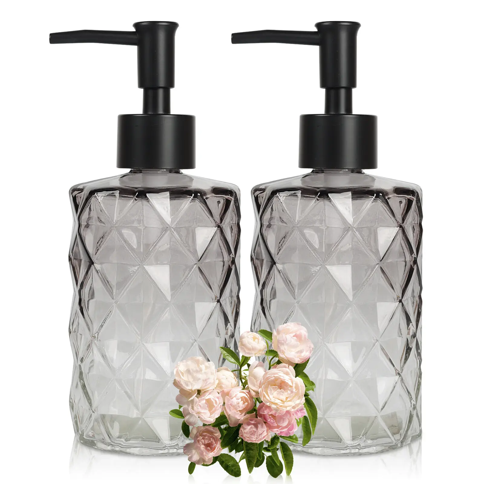 2-Pack 12oz (330ml) Compact Gradient Black Glass Refillable Pump Dispensers - Bathroom Accessory for Countertop, Office Desk, Guest Bathroom, Multiliquid Use (Hand Soap, Shampoo, Kitchen Sink)