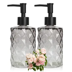12 Oz Glass Soap Dispenser Set Gradient Black - 2 Pack Refillable Hand Soap and Dish Soap Dispenser for Kitchen Sink Bathroom Shower Restroom Pump Bottle