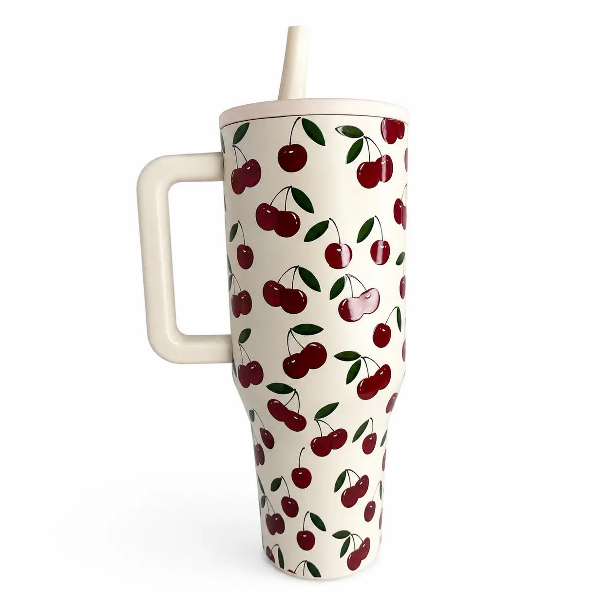 40 oz HydroJug Traveler Tumbler – Cream/Red Cherry Print Insulated Cup with Handle, Flip Straw, Leakproof Thermal Water Mug, Large Reusable Cup for Gym, Car, Travel, School, Outdoors — Keeps Drinks Hot or Cold