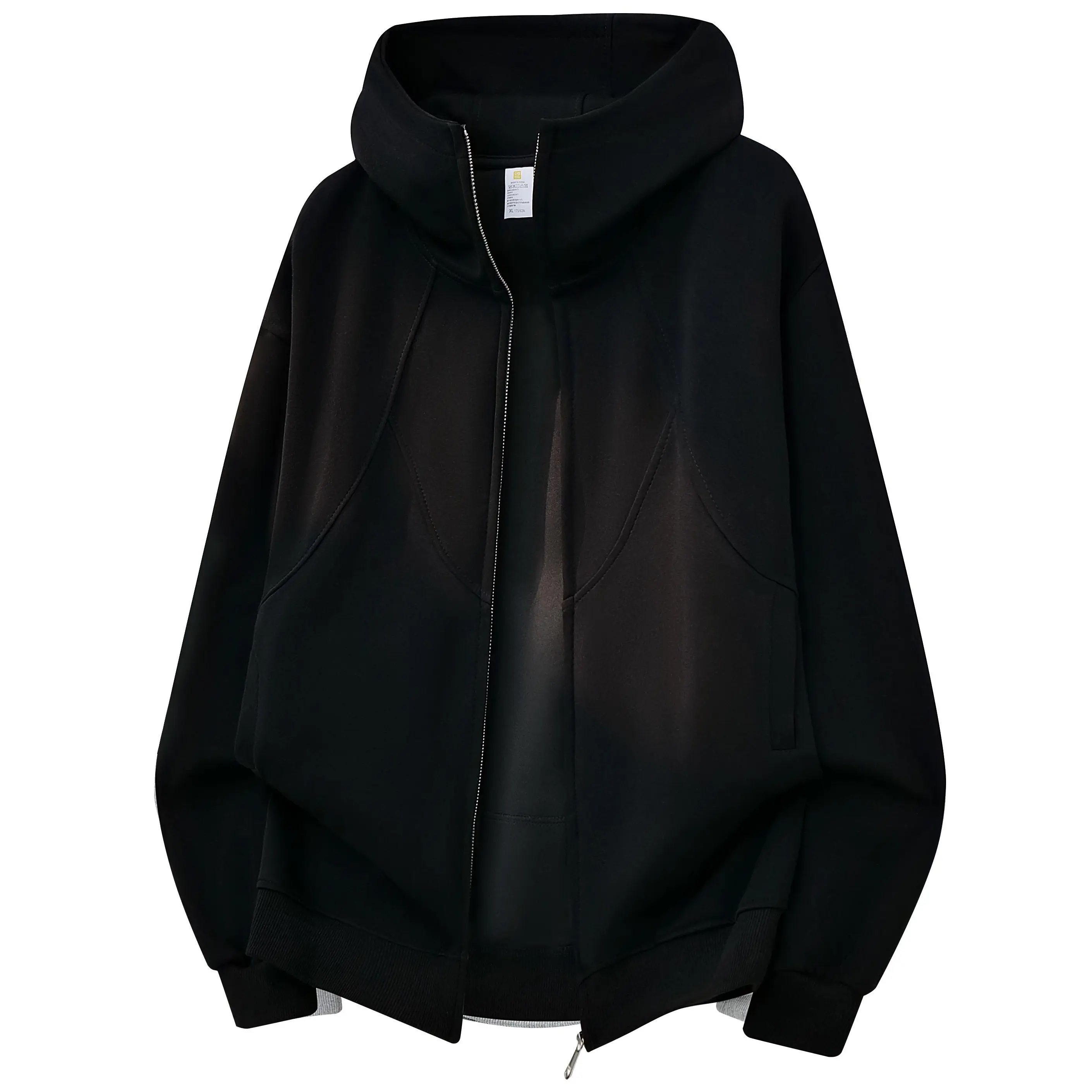 Men's Black Architectural Seam Zip Hoodie, High Collar Full-Zip Oversized Street Sweatshirt