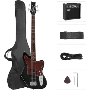 GLARRY 4 String Electric Bass Guitar Beginner Kit w/20w Amp, Red Pearl Guard Full Size Bass with Digital Tuner,Amp Cable, Strap, Bag and Accessories(Black)