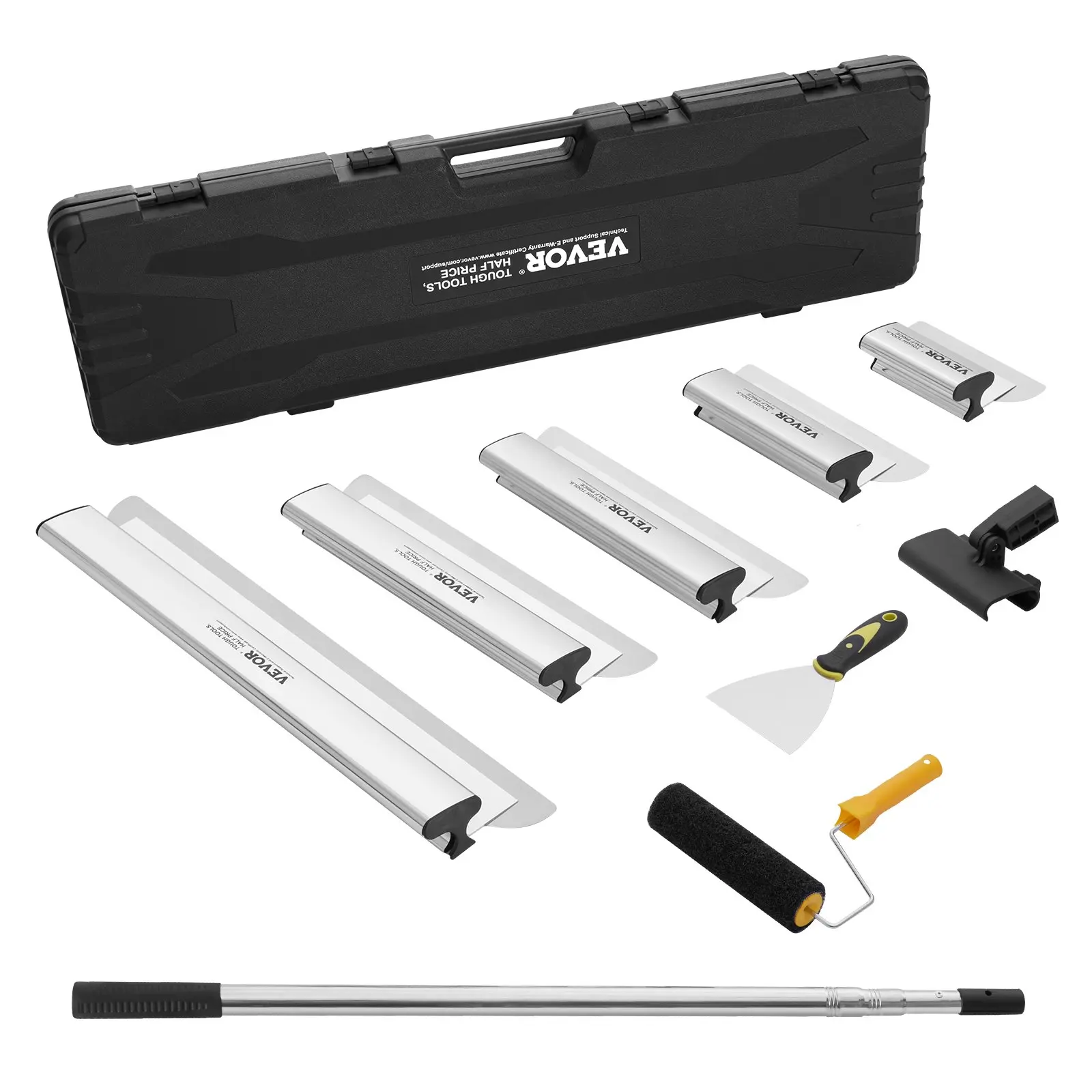 VEVOR Drywall Skimming Blade Set, 7/10/14/16/24 in Skimming Blades + 34 - 81.6 in Extension Handle Pole, Stainless Steel Knife Professional Skim Coat Tools, for Gyprock/WallBoard/Plasterboard