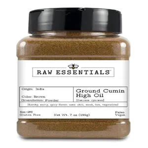 Raw Essentials Ground Cumin High Oil 4% - Bold and Aromatic - Perfect for Chilis, Stews, Marinades, and Vegetable Dishes - 7 Ounce Bottle