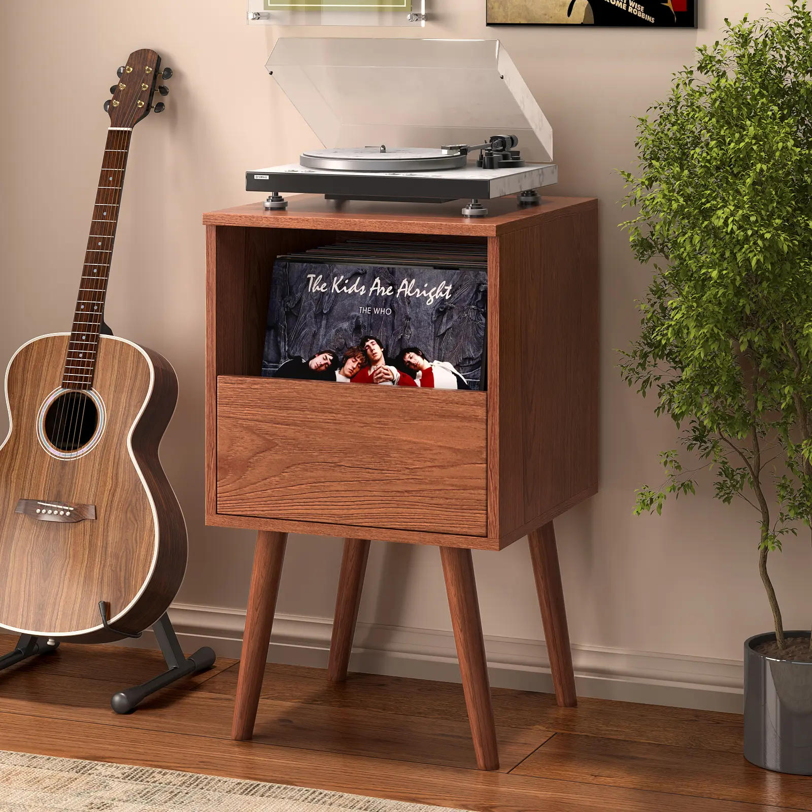 BROTTAR Record Player Stand with Vinyl Storage, Mid Century Record Storage Cabinet, Turntable Stand, 7“/10"/12" Vinyl Record Storage Organizer with Drawer for Living Room, Music Corner, Brown