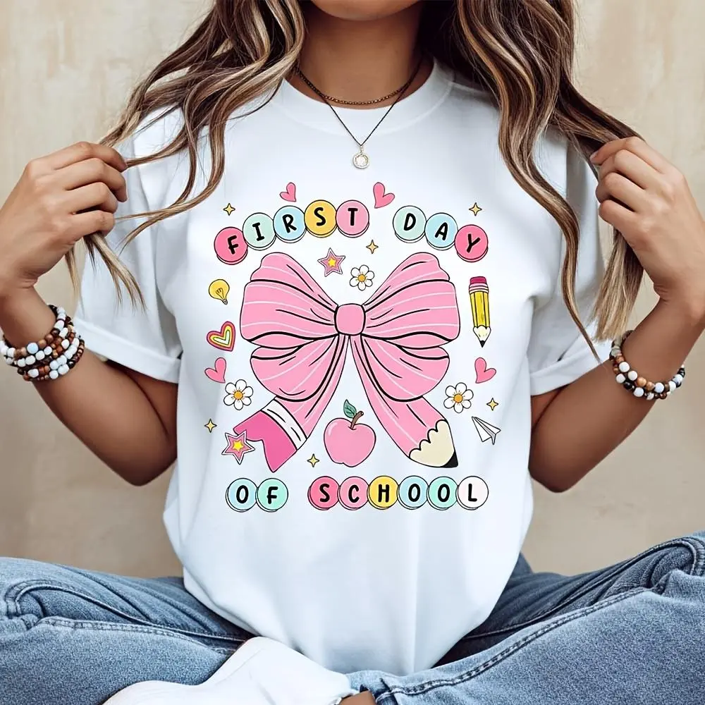 First Day Of School Pink Bow Pencil Apple Print, T-Shirt, Back To School Season, Classroom Photo Outfit