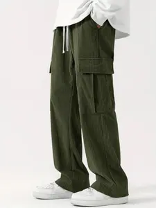 Men's Solid Multi-pocket Corduroy Pants, Loose Casual Comfy Straight Leg Trousers for Spring & Fall, Woven Bottoms for Men, Beige