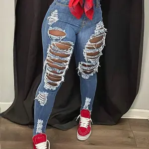 【PlusSize】SolidRippedHighWaistSkinnyJeans,CasualComfyButtonFlyPocketDesignDenimPantsforDailyWear,Women'sBottomsforAllSeasons