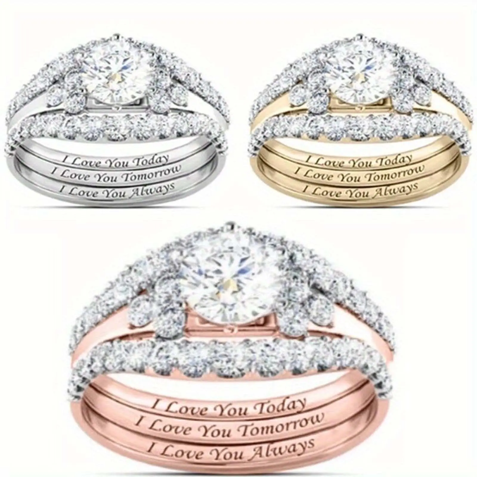 Multi-Size Artificial Gemstone Zircon 3-Piece Couple Matching Ring Set - "I Love You Every Day" Engraving Jewelry for Daily Wear, Anniversary Gift, Matching Sets, Three Piece