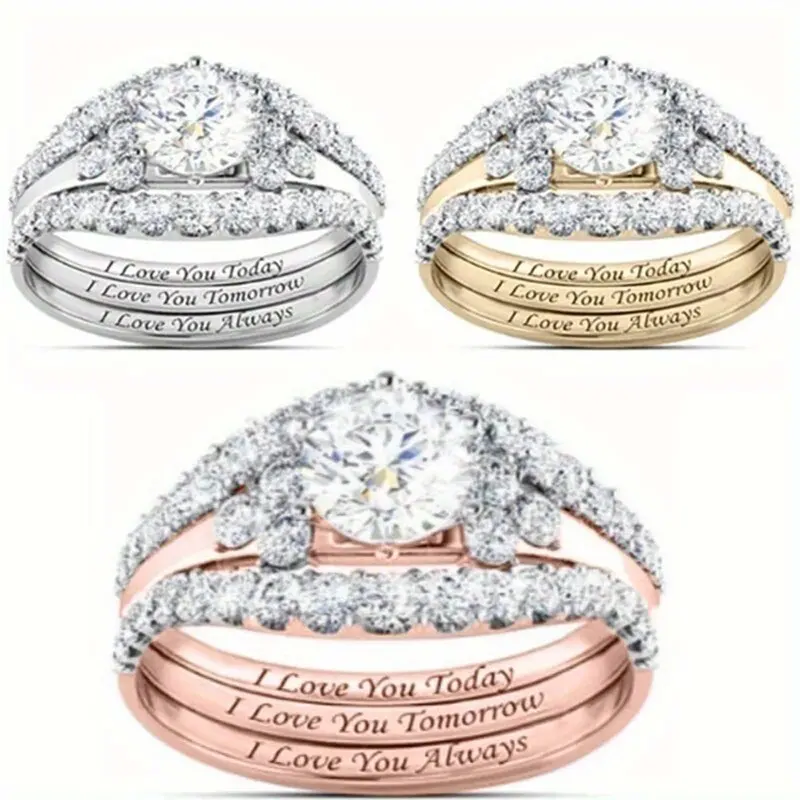 Unisex 3-Piece Artificial Zircon Gemstone Matching Promise Rings for Adults, Elegant Fashion Rings with Number 5, Engraved "I Love You Every Day", 9th Anniversary & Birthday Casual Daily Jewelry