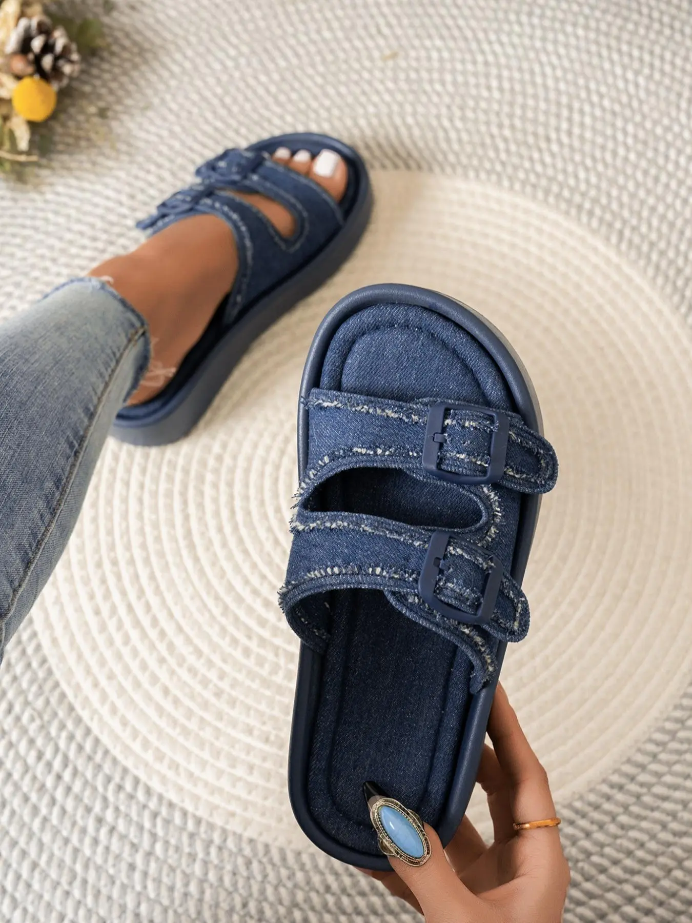 Women's Fashionable Random Denim-effect Print Platform Sandals, Casual Comfortable Flat Sandals for Beach, Outdoor, Daily Wear, Walking Shoes, Flatform Platform Sandals