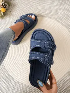 Women's Fashionable Random Denim-effect Print Platform Sandals, Casual Comfortable Flat Sandals for Beach, Outdoor, Daily Wear, Walking Shoes