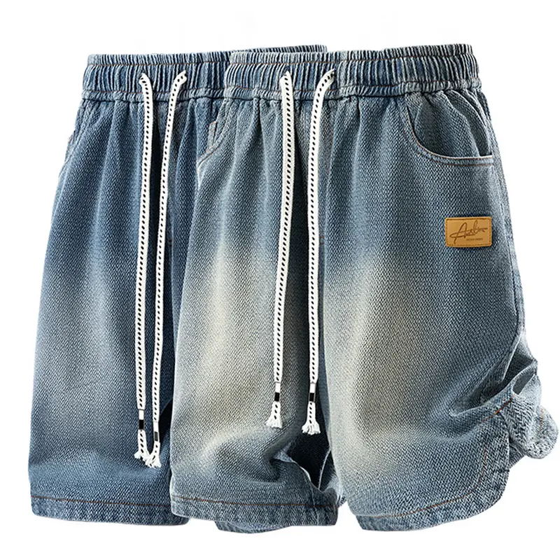 Men's Stylish Gradient Washed Denim Shorts, Casual Streetwear Fashion with a Mid-Length Fit and Drawstring Elastic Waist, Menswear, Polyester, Textured, Valentines Day, Retro Style, Street Look, Basic, Mid Thigh Length, Tops, Bottom, Fabric, Summerwins, H