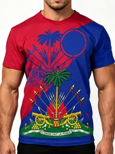 Summer Haiti Theme Printed Men's Short Sleeve T-Shirt, Casual Fitted Long Tee, All over Print Design, Perfect for Warm Weather