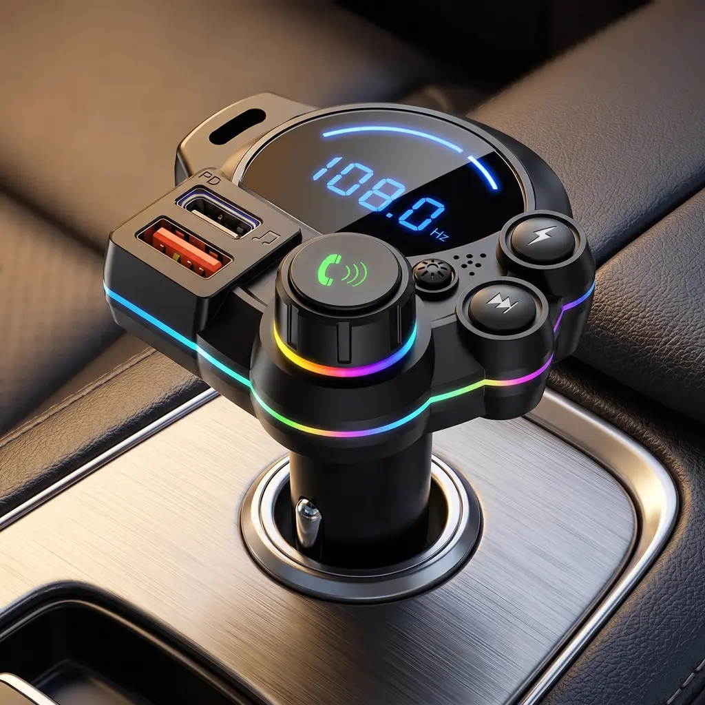 Wireless Bluetooth FM Transmitter Car Adapter - PD 20W Type-C Dual Fast Charge, RGB Glow LED Screen, Bass Sound Booster, Clear Hands-Free Calls, Stable Music Streaming, 12V-24V Universal Fit, Car Electronics USB Charger for Daily Driving, Gift for Drivers
