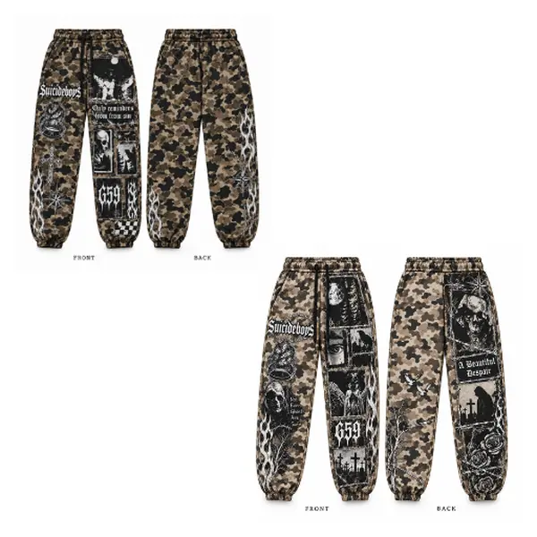 Vintage Gothic Pink Black Graphic Sweatpants, Distressed Skull Print Wide Leg Jogger Pants, Unisex Streetwear